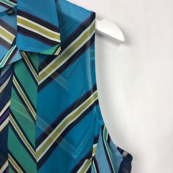 CAbi Blue Multi Diagonal Stripe Collared Sleeveless Blouse Size Medium - Picture 8 of 14